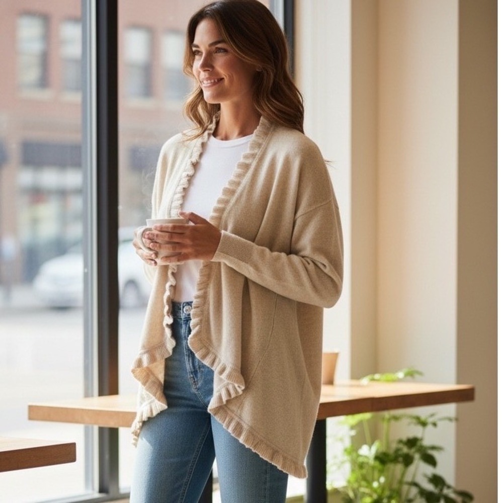 Club Monaco Cashmere Ruffle‎ Cardigan Oatmeal Beige Quiet Luxury Feminine XS/S